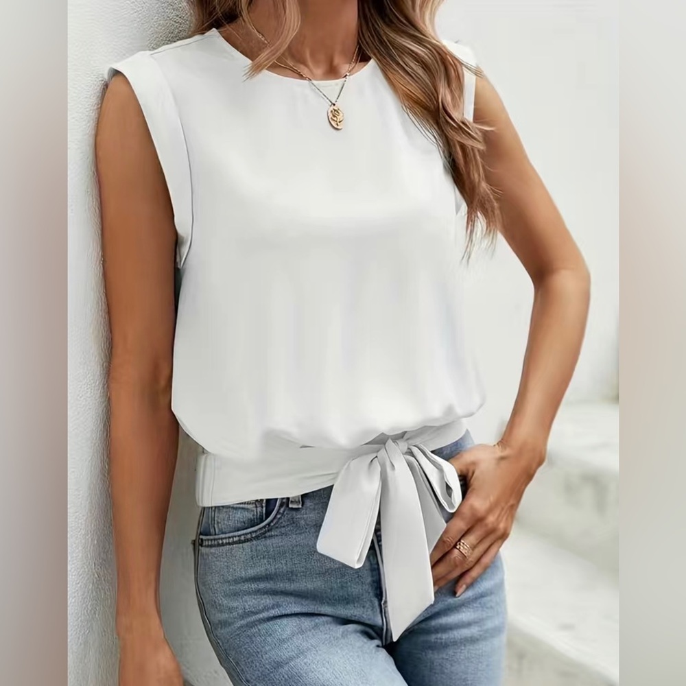 Passion Keyhole Back Tie Front Blouse, Casual Crew Neck Blouse - Picture 5 of 9